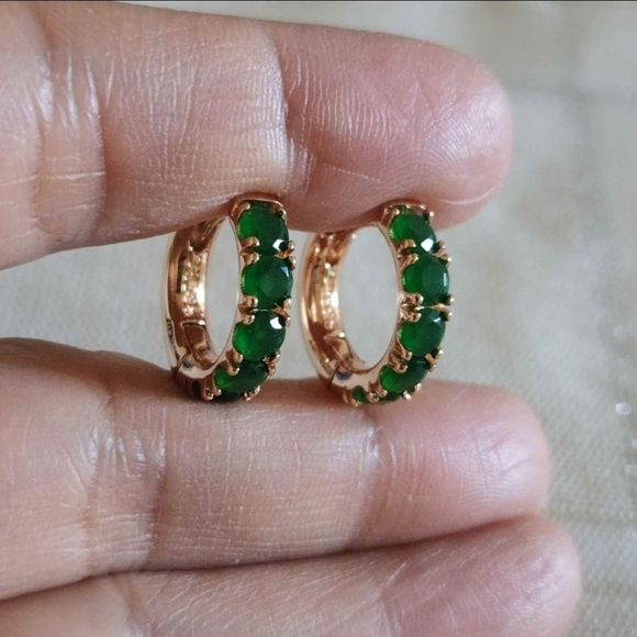 New 14K Gold Plated Emerald Huggie Hoop Earrings for Women - Picture 3 of 10